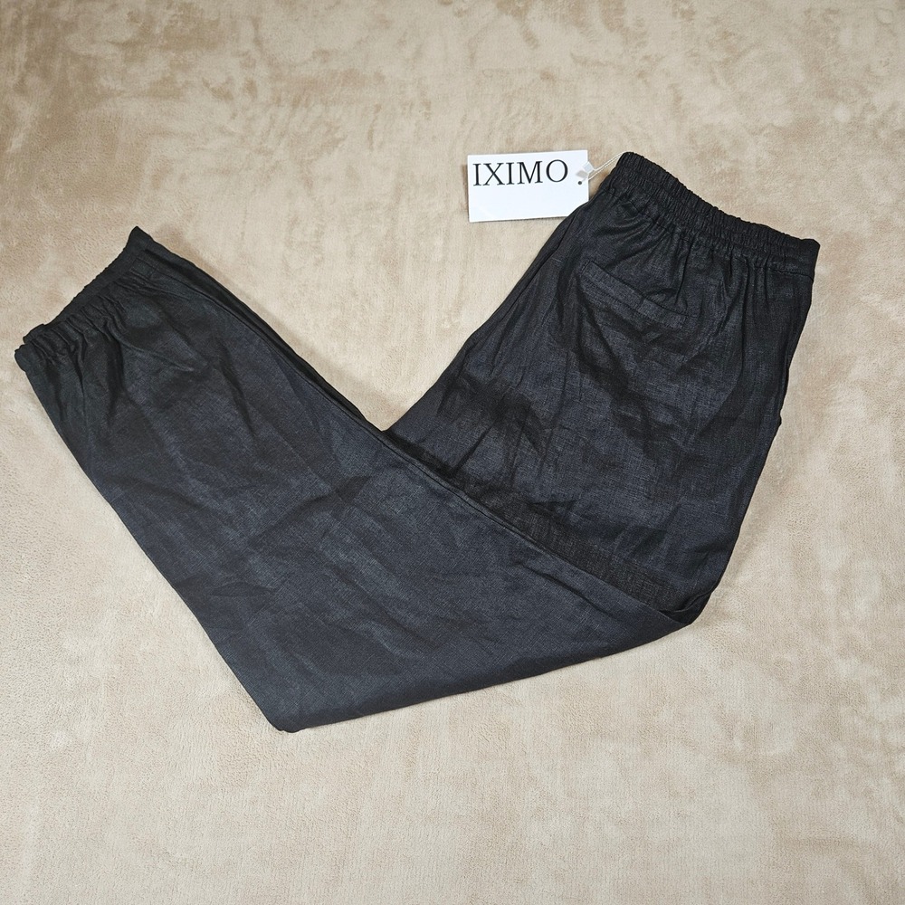 IXIMO Black 100% Linen Drawstring Elastic Waist Tapered Pants Medium NWT